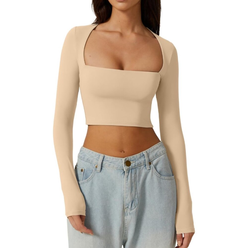 QINSEN Women's Sexy Square Neck Crop Top Long Sleeve Slim Fit Cropped T Shirts
